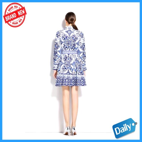 Floral Print Button Up Long Sleeve Mini Dress with Belt Casual A-Line Chic - Picture 5 of 6